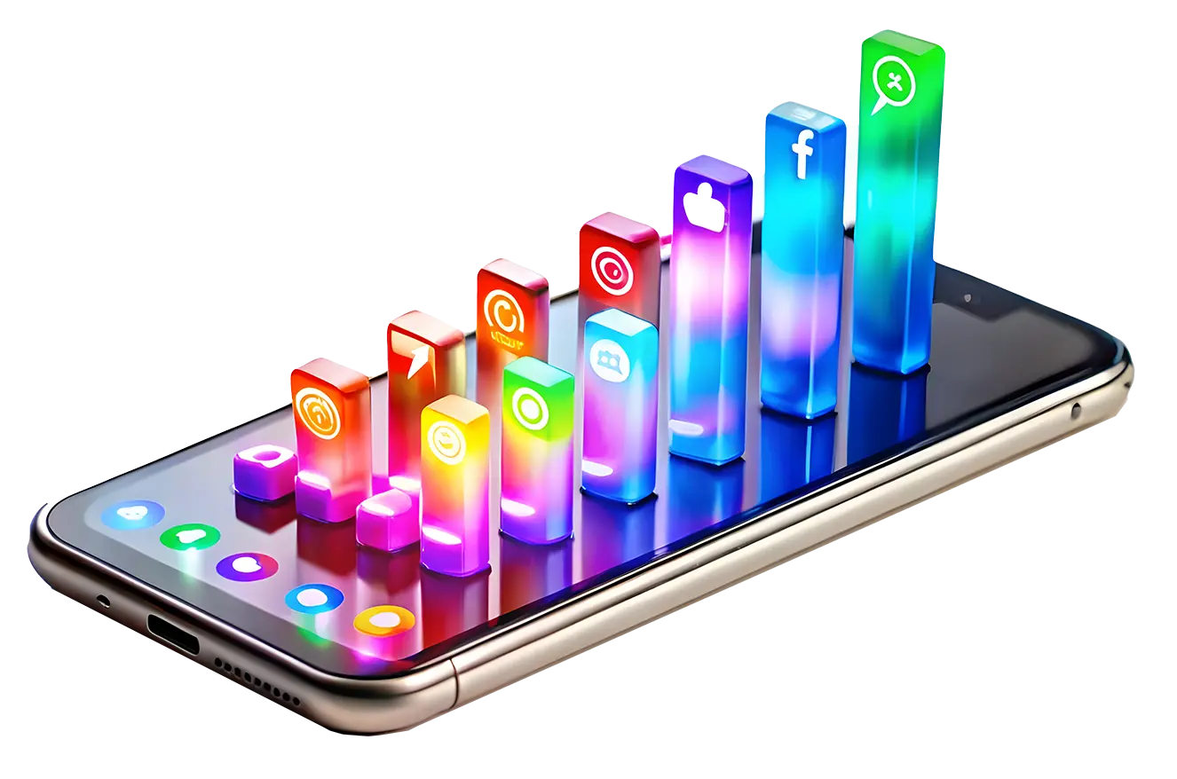 3d glossy smartphone with holographic social media icons analytics concept as high angle shot